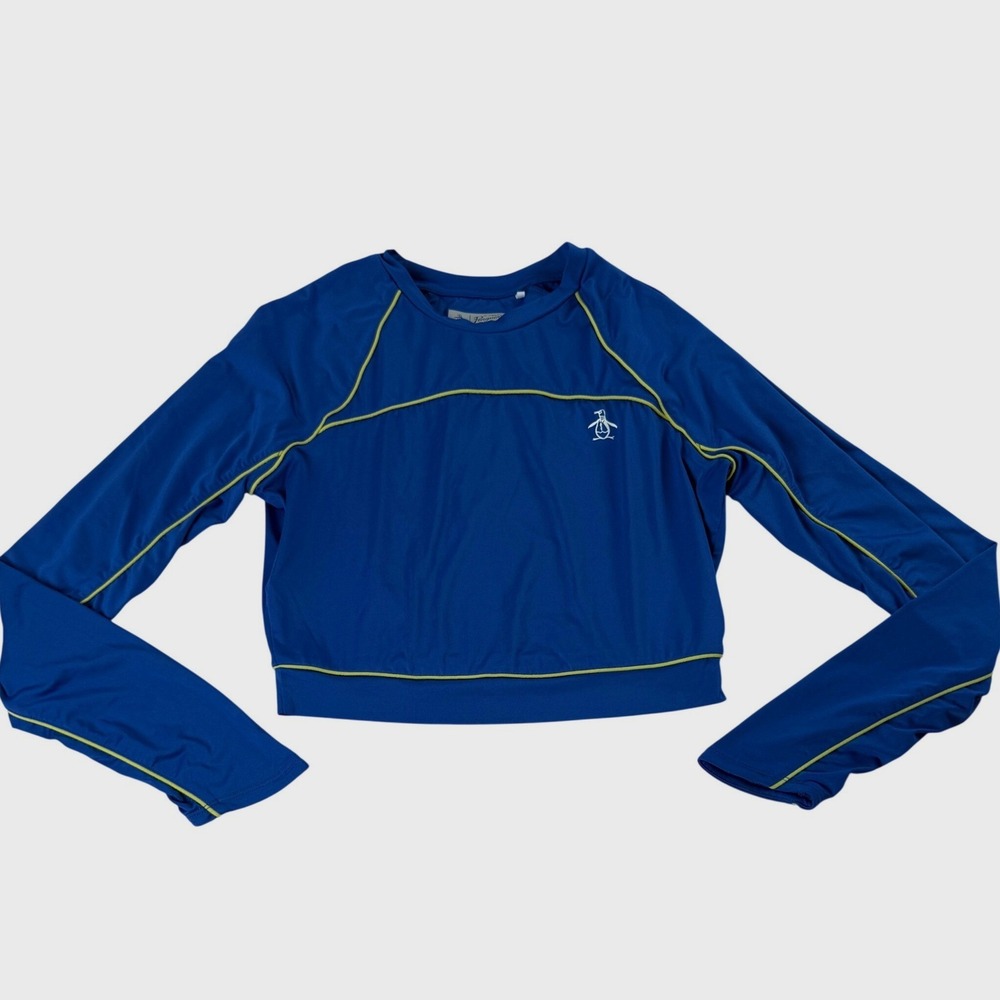 Original Penguin Crop Top Womens S Blue Long Sleeve Athletic Piping